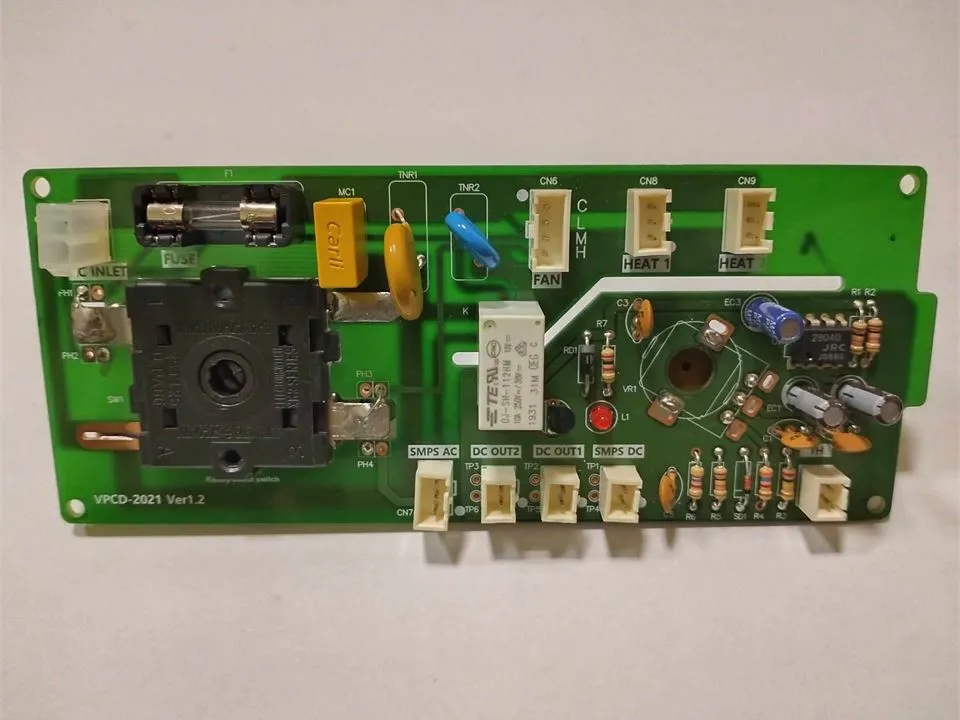 Assembled control PCB with relay, connectors and through-hole components