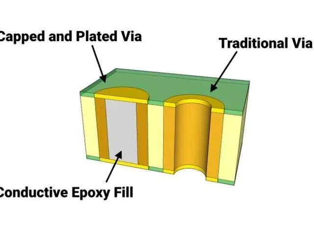 Diagram of a capped and plated via versus a traditional via
