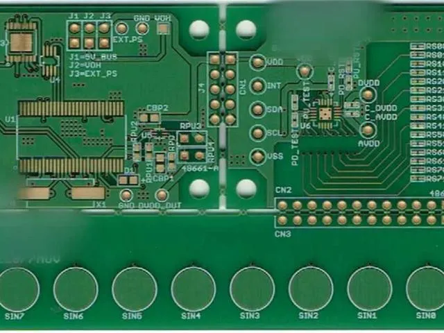 Green PCB with connector and test pad rows